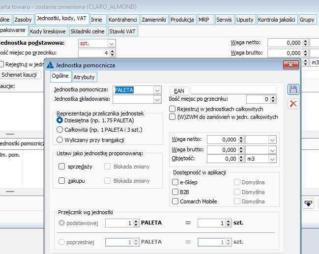 Przykład uzupełnionej jednostki pomocniczej w Comarch ERP XL