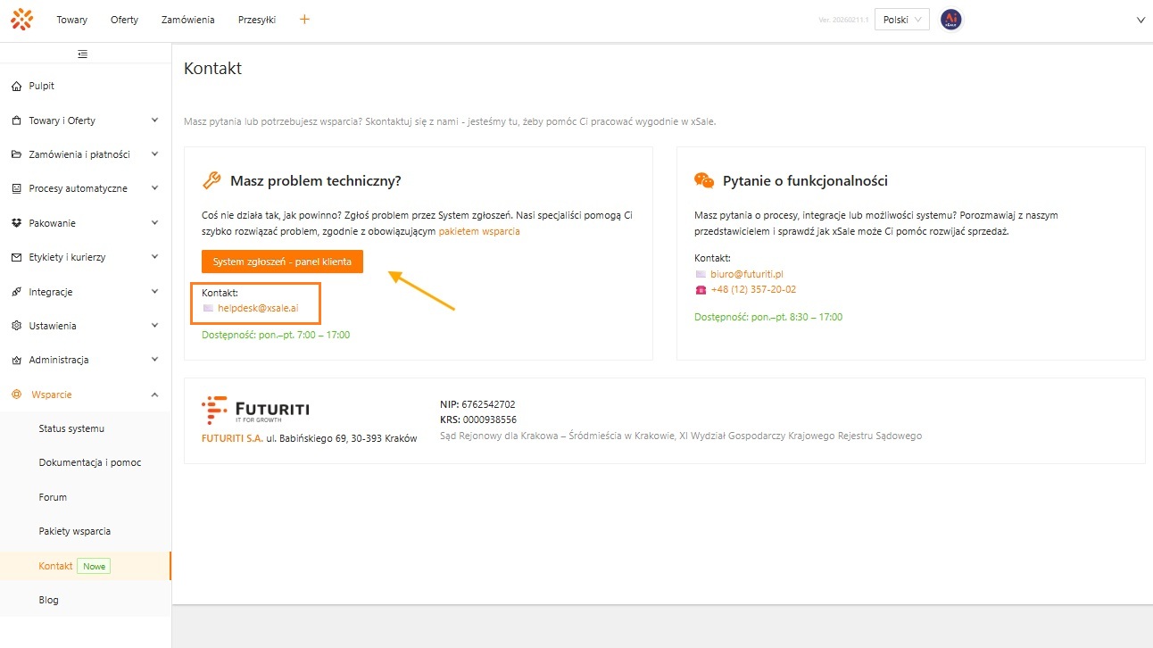 Kontakt w menu xSale — adresy e-mail i panel zgłoszeń