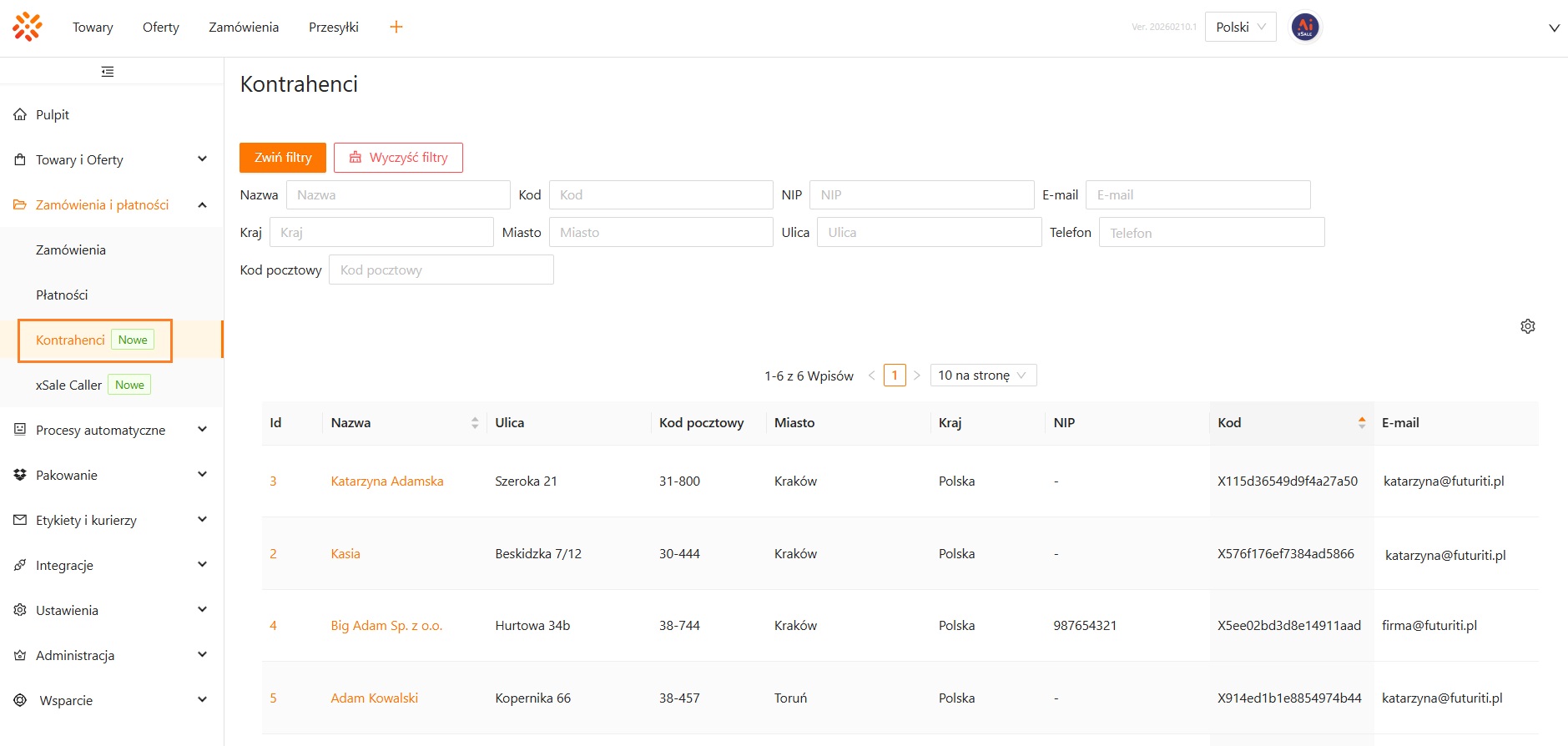 Lista kontrahentów w xSale
