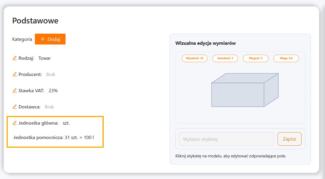 Jednostki pomocnicze na karcie towaru w xSale