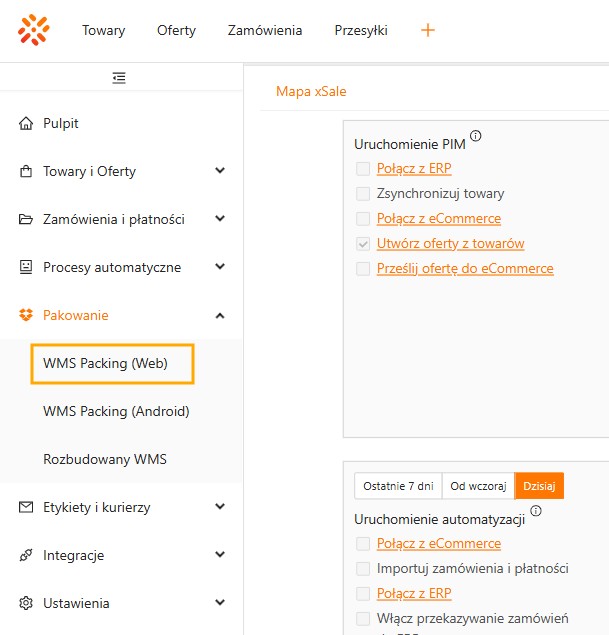 Wejście do WMS Packing z menu