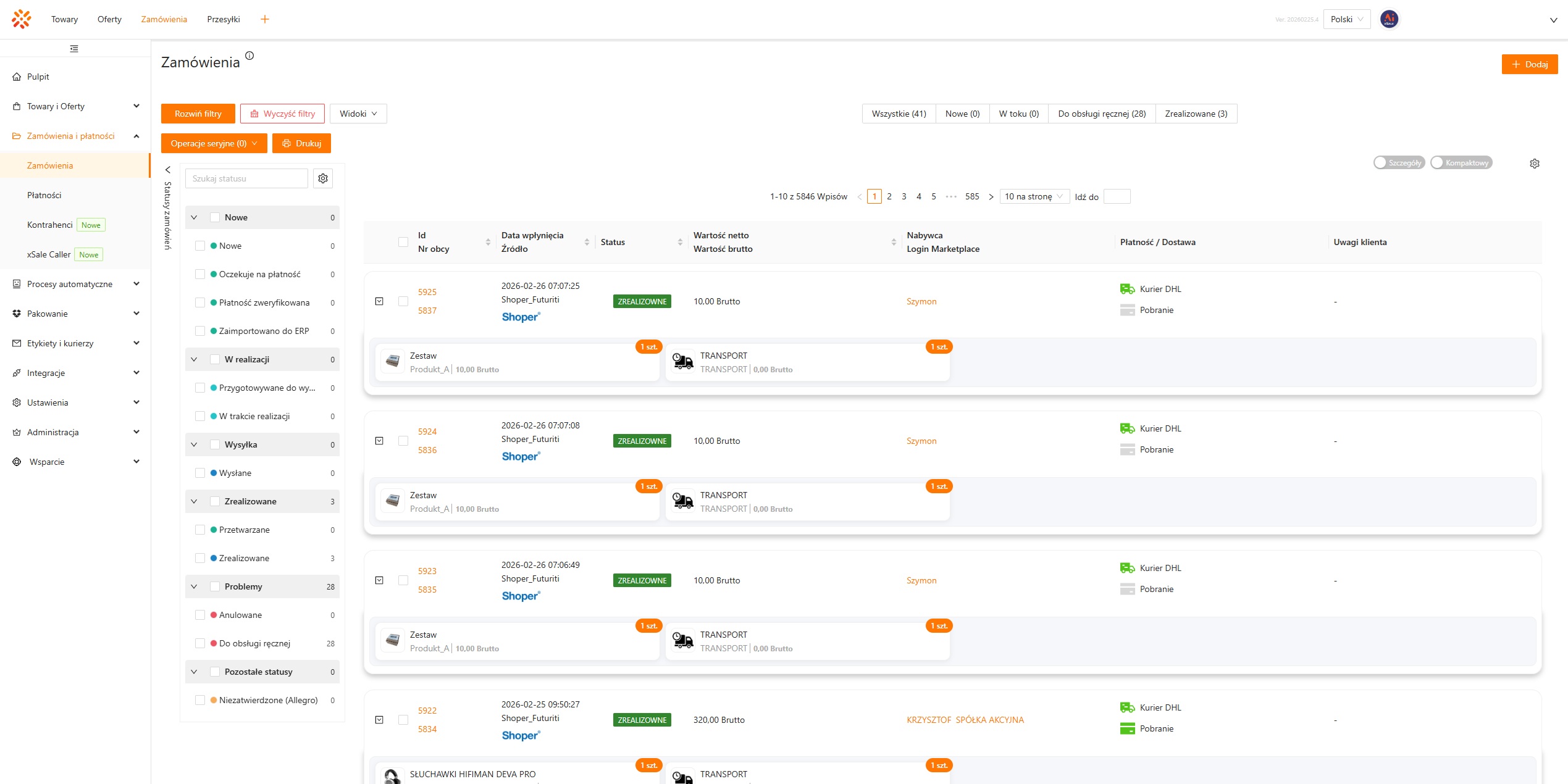 Lista zamówień - Widok Pełny