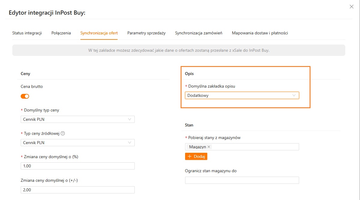 Wybór domyślnej zakładki opisu dla InPost Buy