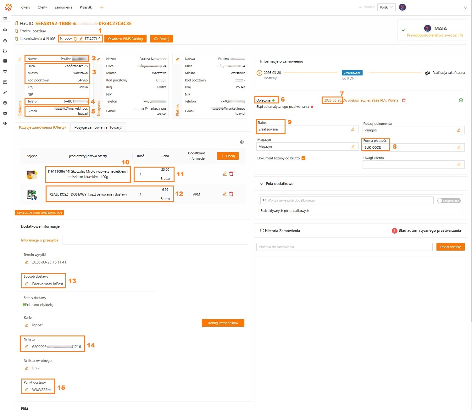 Widok zamówienia w xSale