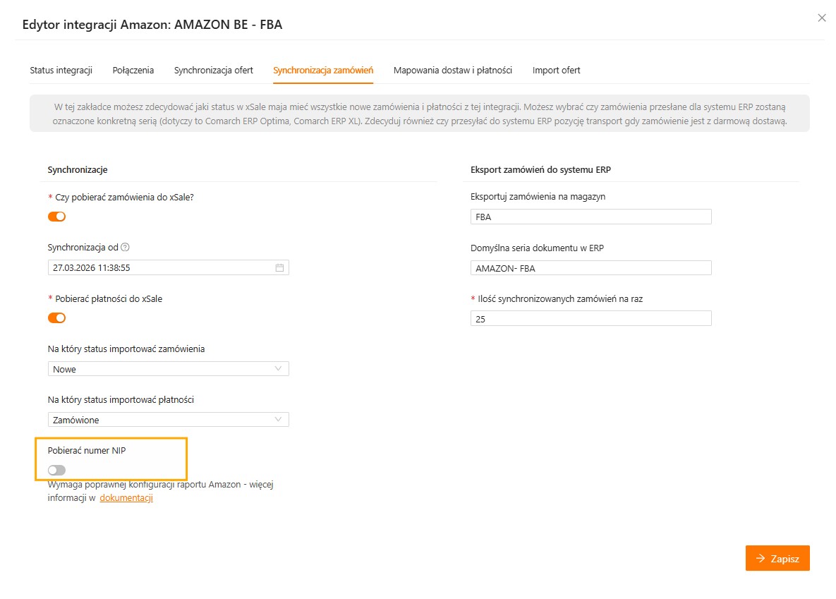 Ustawienie Pobierać numer NIP w integracji Amazon w xSale