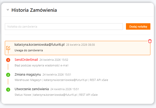 Historia zamówienia w xSale