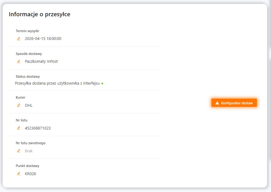 Informacje o przesyłce w widoku zamówienia xSale