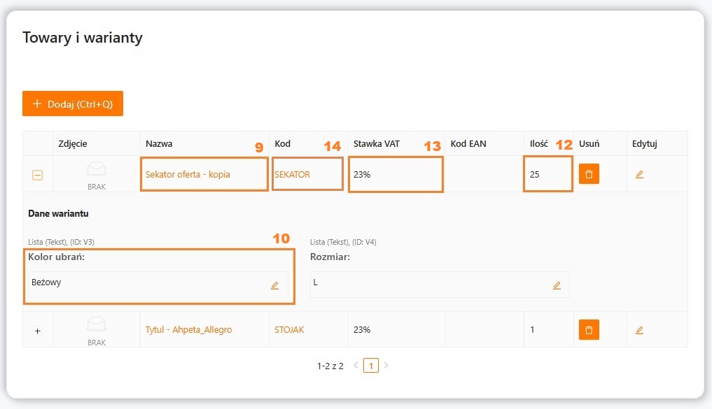 Widok wariantów w xSale