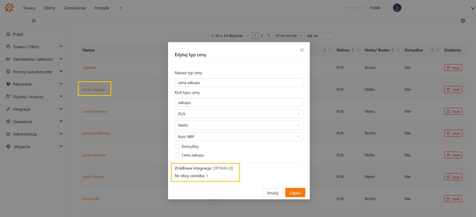 Widok pól Źródłowa integracja i Nr obcy cennika w edycji typu ceny