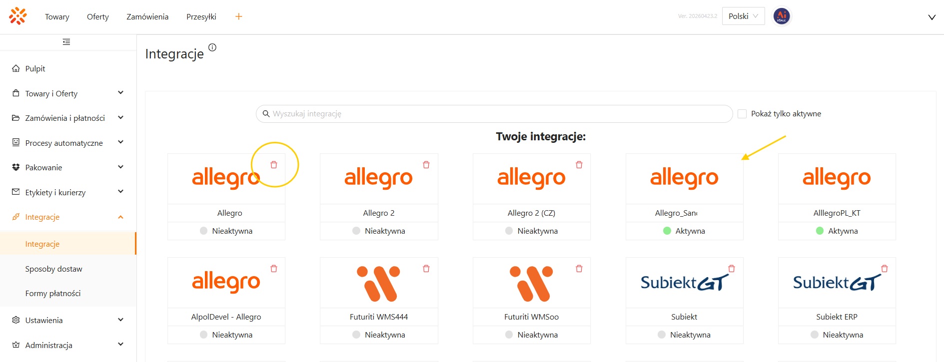 Przycisk usuwania przy nieaktywnej integracji na liście Integracje