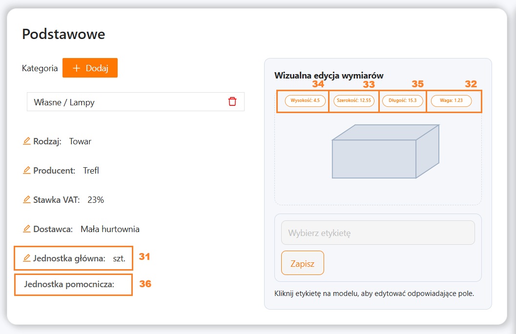 Wymiary towaru w xSale V2