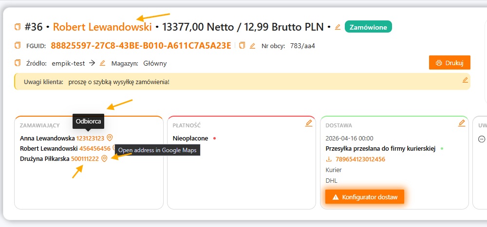 Zamawiający w nagłówku zamówienia w xSale