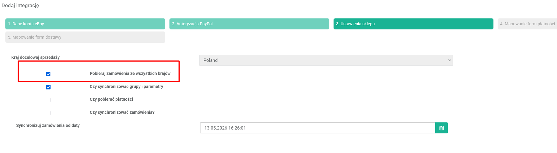 Ustawienie Pobieraj zamówienia ze wszystkich krajów w konfiguracji integracji eBay