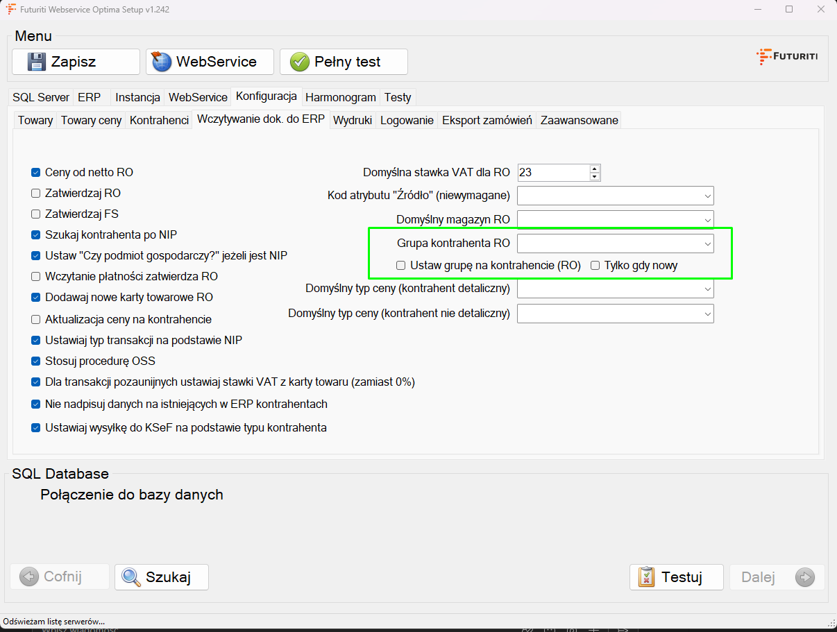 Ustawienia grupy kontrahenta RO w webservice Comarch ERP Optima