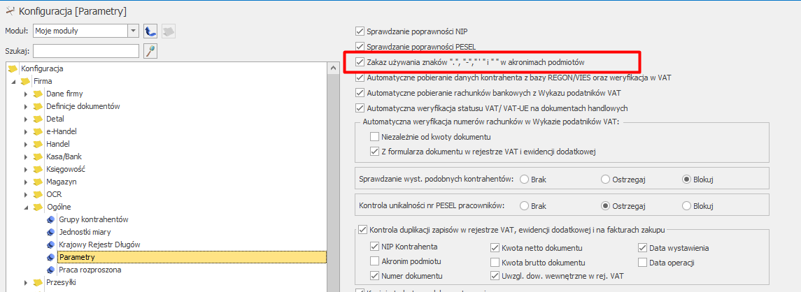 Ustawienie zezwalające na znaki specjalne w akronimie podmiotu w Comarch ERP Optima