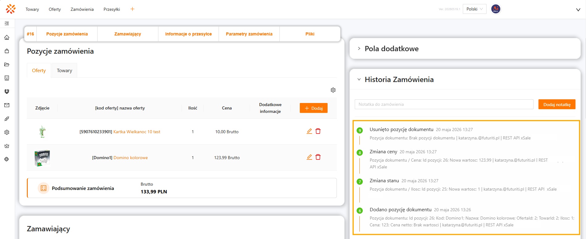 Informacje o zmianach pozycji zamówienia w historii zamówienia xSale