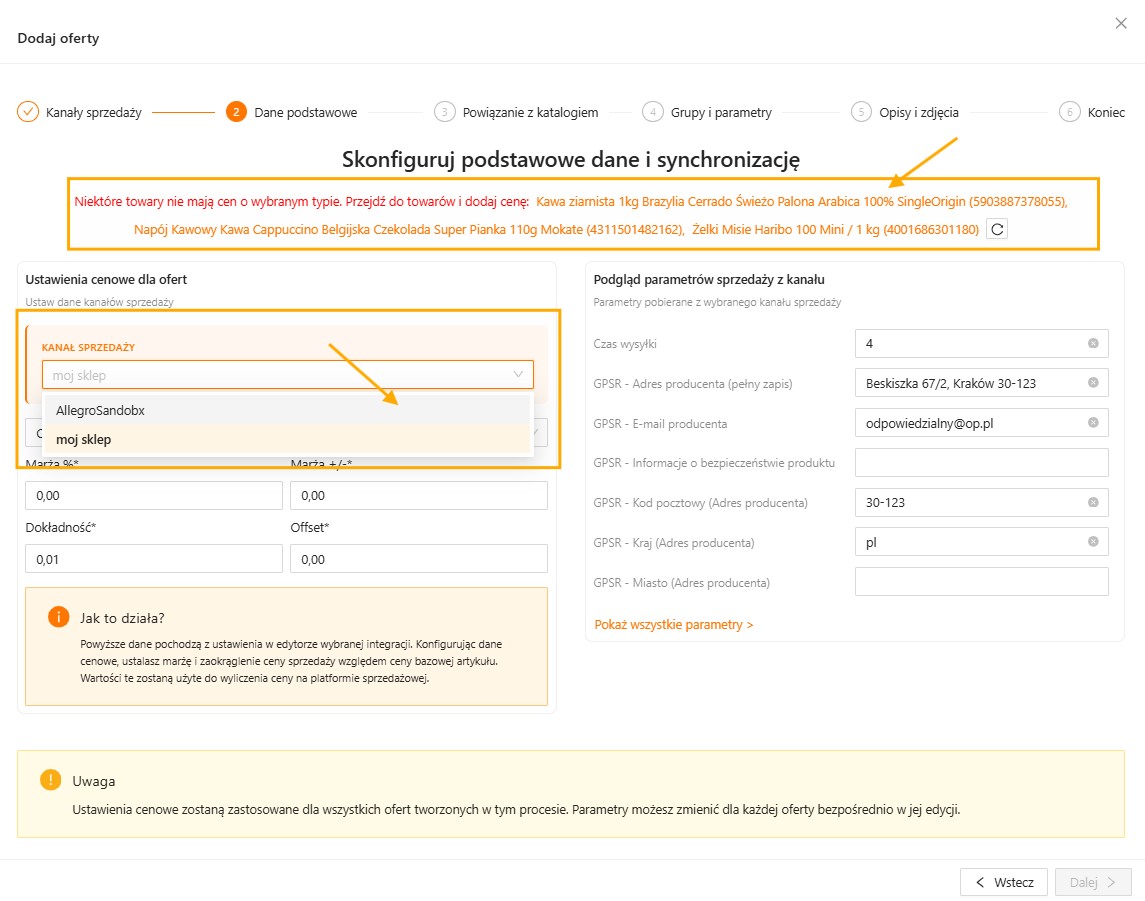 Ustawienia kanałów sprzedaży w kreatorze tworzenia oferty xSale