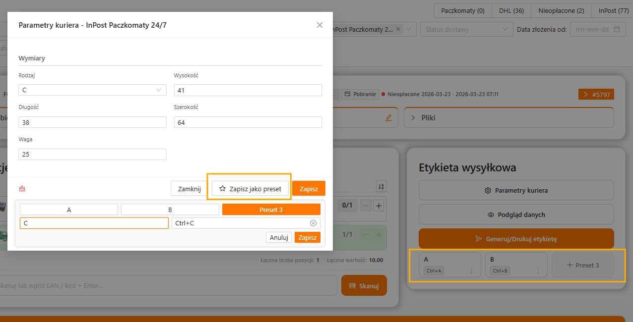 Definiowanie presetów gabarytów przesyłki w WMS Packing