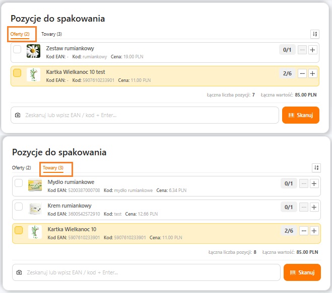 Zakładki Oferty i Towary w WMS Packing