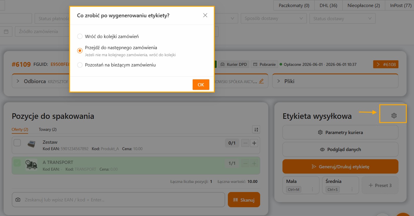 Ustawienie co zrobić po wygenerowaniu etykiety w WMS Packing
