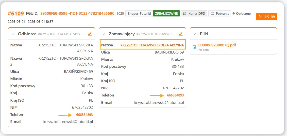 Dane kontrahenta i klikalny telefon w WMS Packing