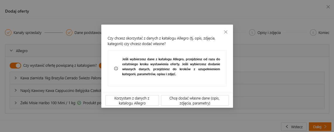 Wybór danych z katalogu Allegro lub własnych danych oferty w xSale