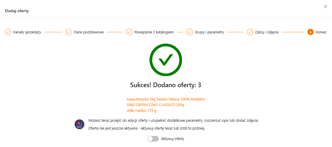 Podsumowanie dodania ofert w kreatorze xSale z linkami do utworzonych ofert