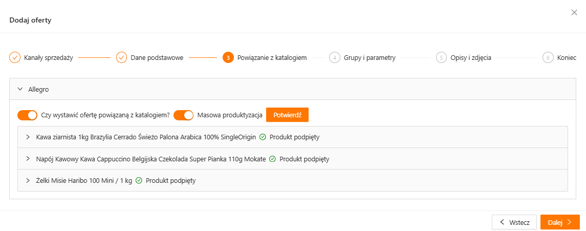 Informacja o podpiętym produkcie z katalogu Allegro w kreatorze xSale