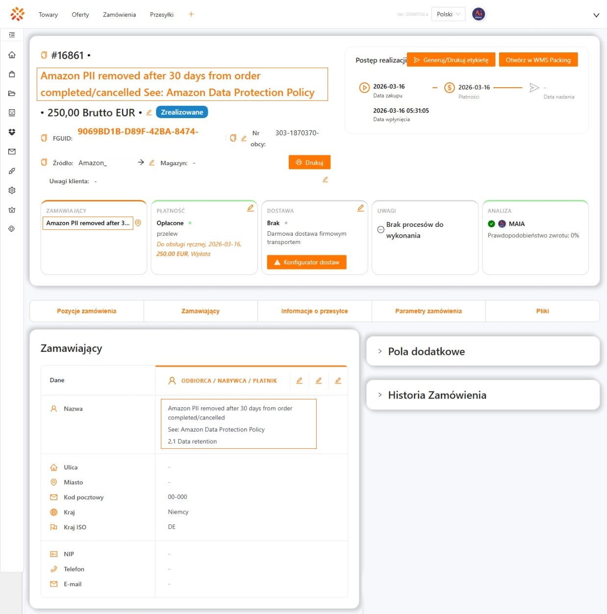 Zanonimizowane dane osobowe kupującego na zamówieniu Amazon w xSale
