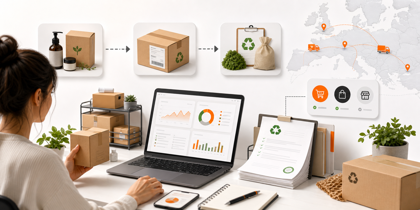 Ilustracja obowiązków EPR, ROP i BDO w e-commerce: produkty, opakowania, marketplace i raportowanie środowiskowe.