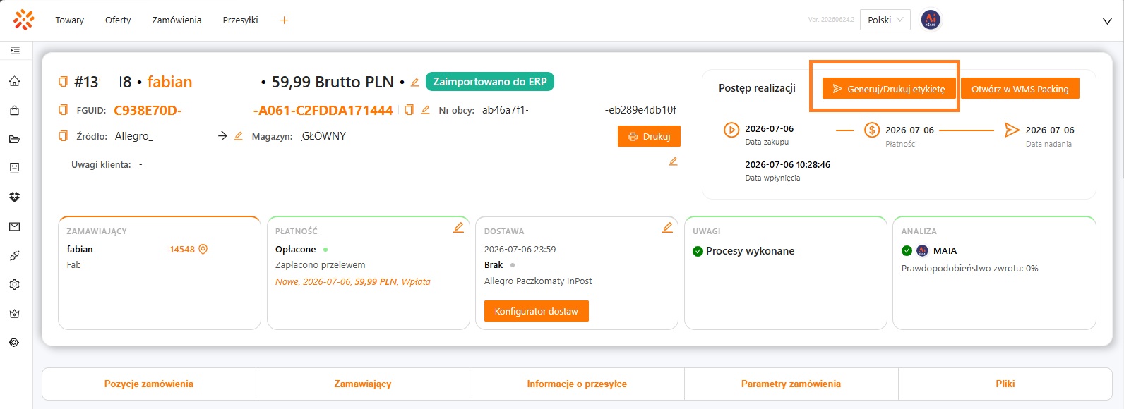 Przycisk Generuj/Drukuj etykietę na edycji zamówienia w xSale