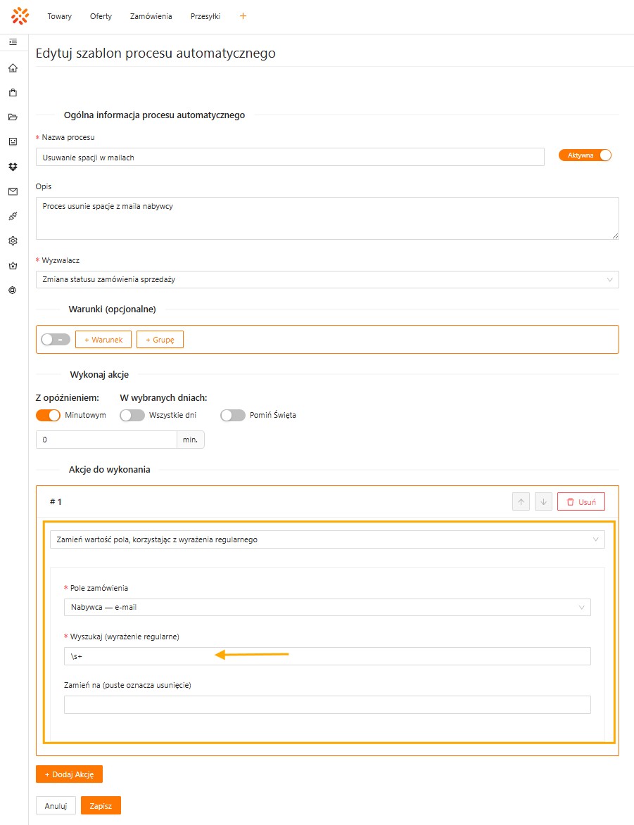 Usuwanie spacji z adresu e-mail w procesie automatycznym za pomocą regex