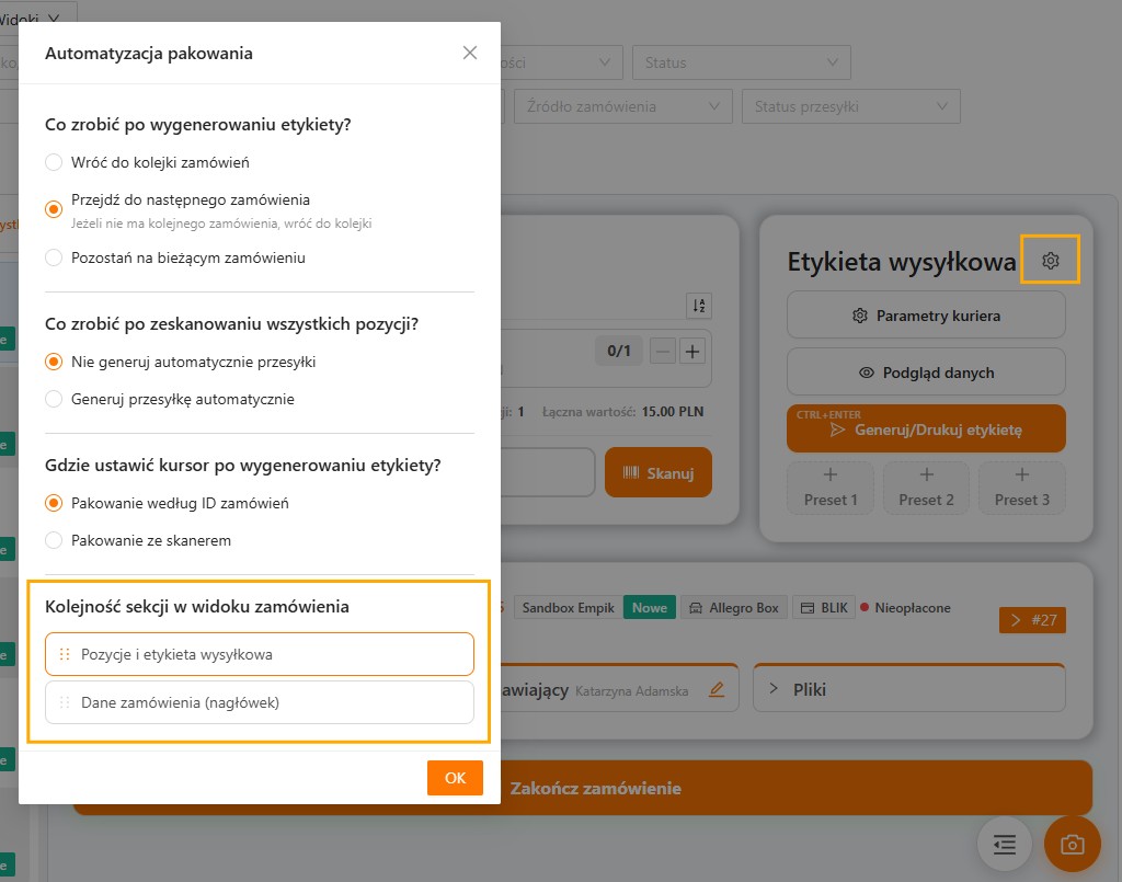 Ustawienie kolejności sekcji w widoku zamówienia WMS Packing
