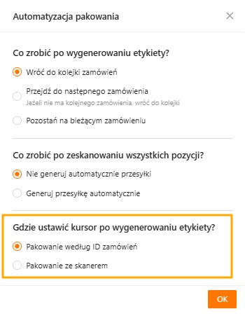 Ustawienie kursora po wygenerowaniu etykiety w WMS Packing