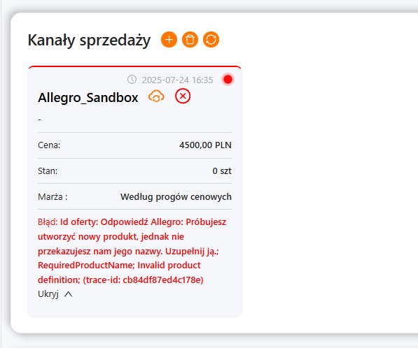Błąd widoczny na kanale sprzedaży Allegro w edycji oferty xSale