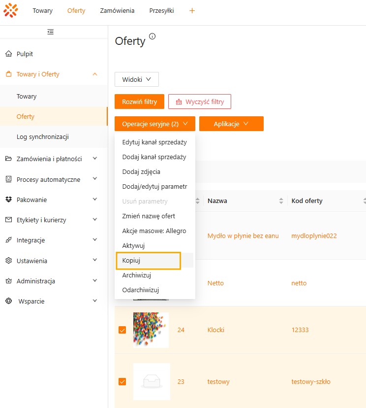 Kopiowanie ofert w operacjach seryjnych na liście ofert xSale