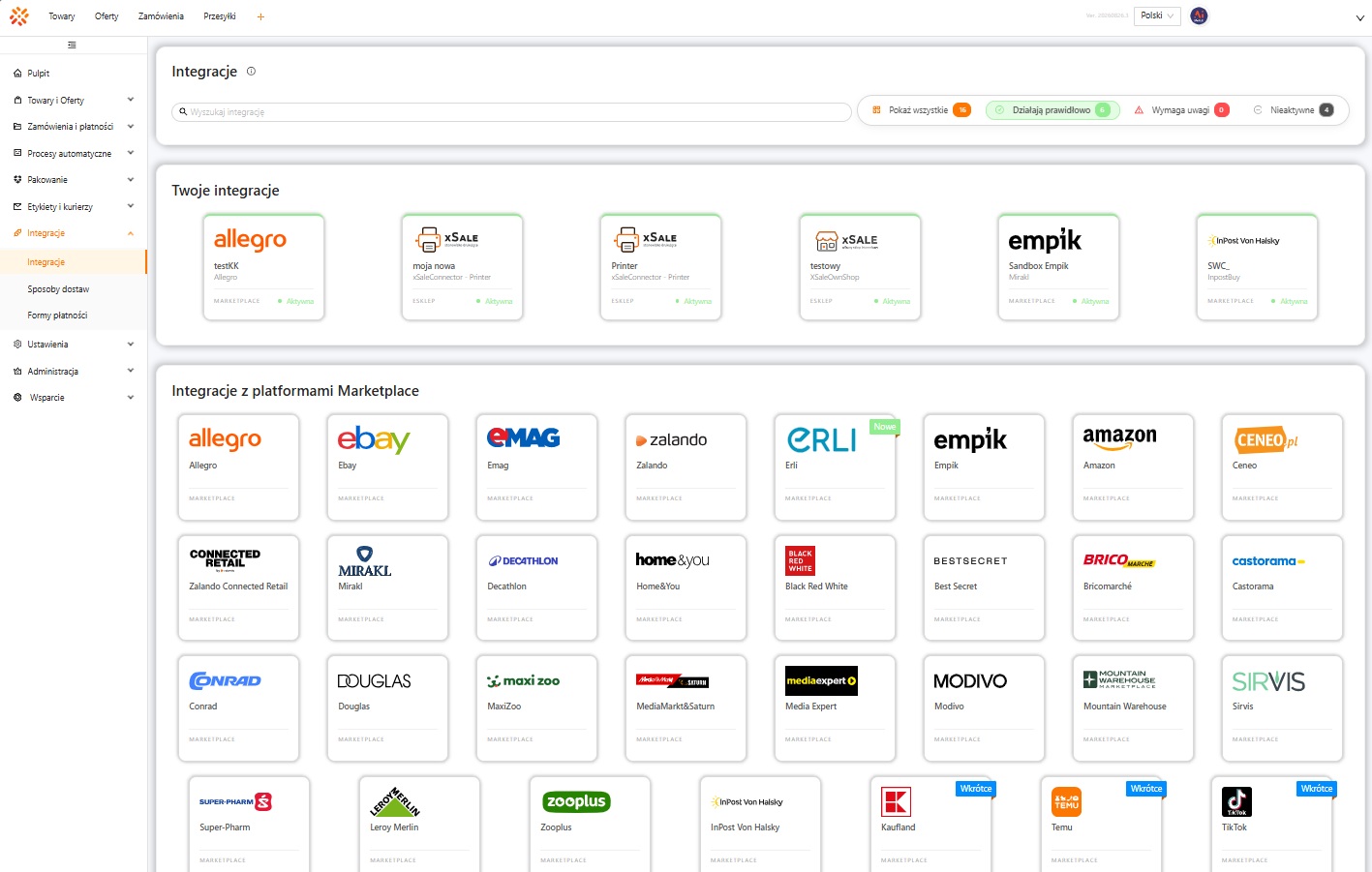Lista integracji w panelu xSale V2