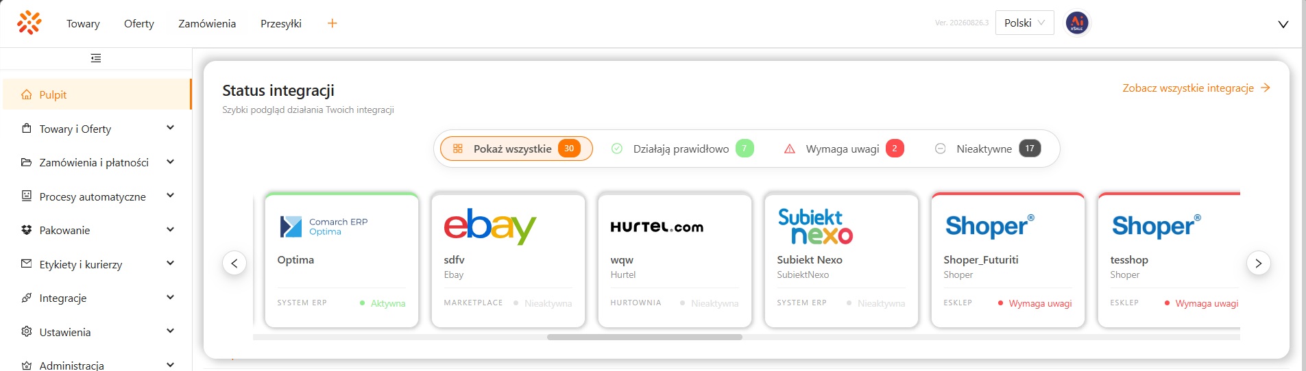 Status integracji na pulpicie xSale