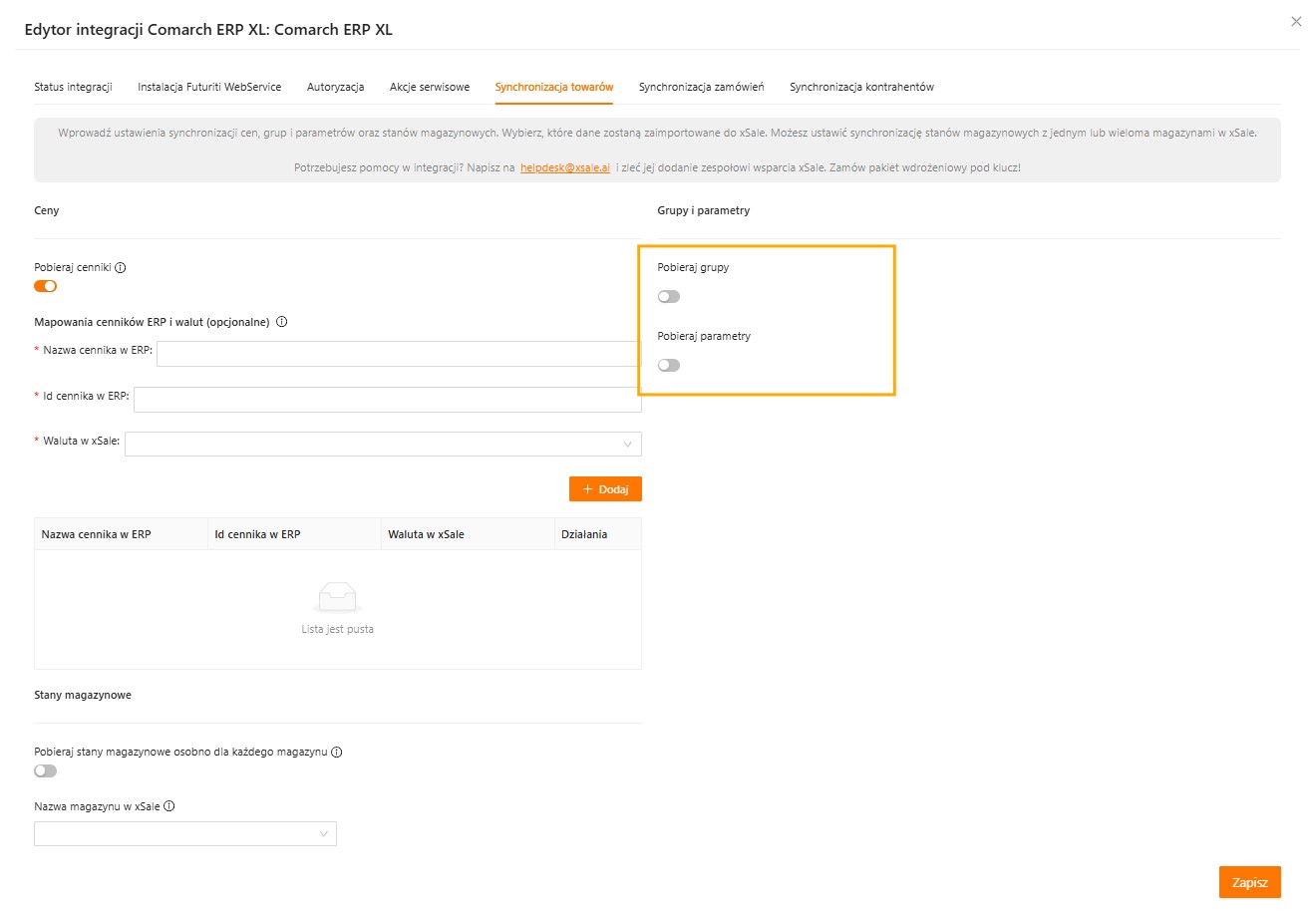 Pobieranie grup i parametrów w kreatorze integracji Comarch ERP XL