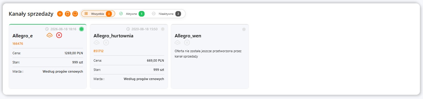 Kanały sprzedaży na karcie oferty z filtrami aktywności integracji