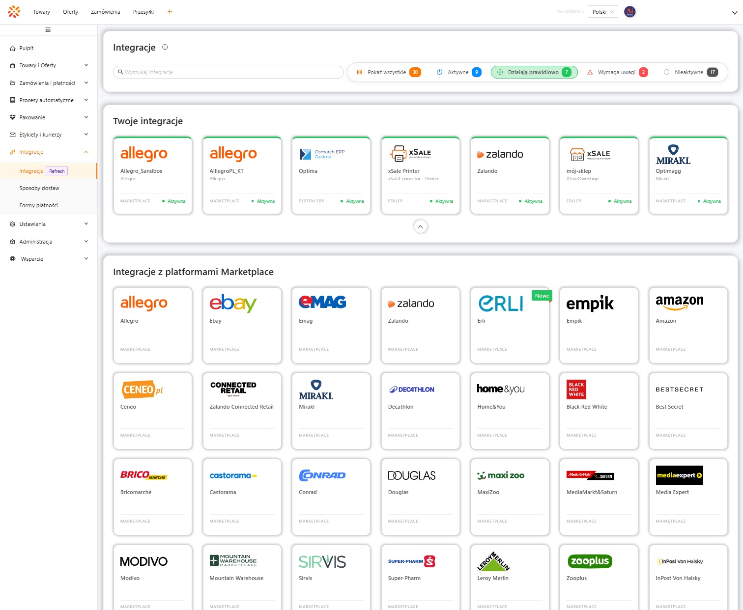 Lista integracji w panelu xSale V2 z filtrami statusów