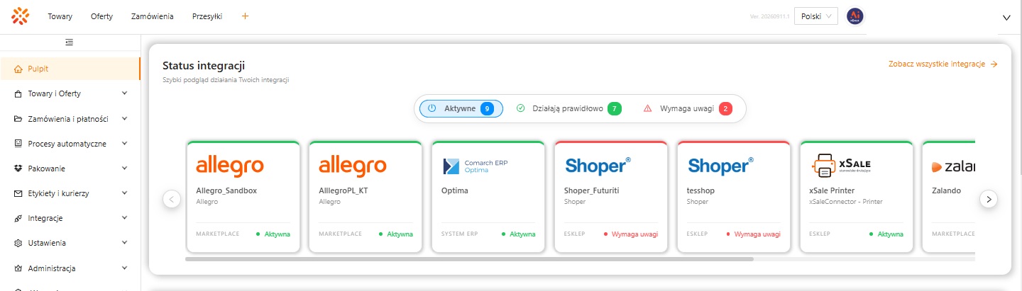 Status integracji na pulpicie xSale z aktualnymi filtrami