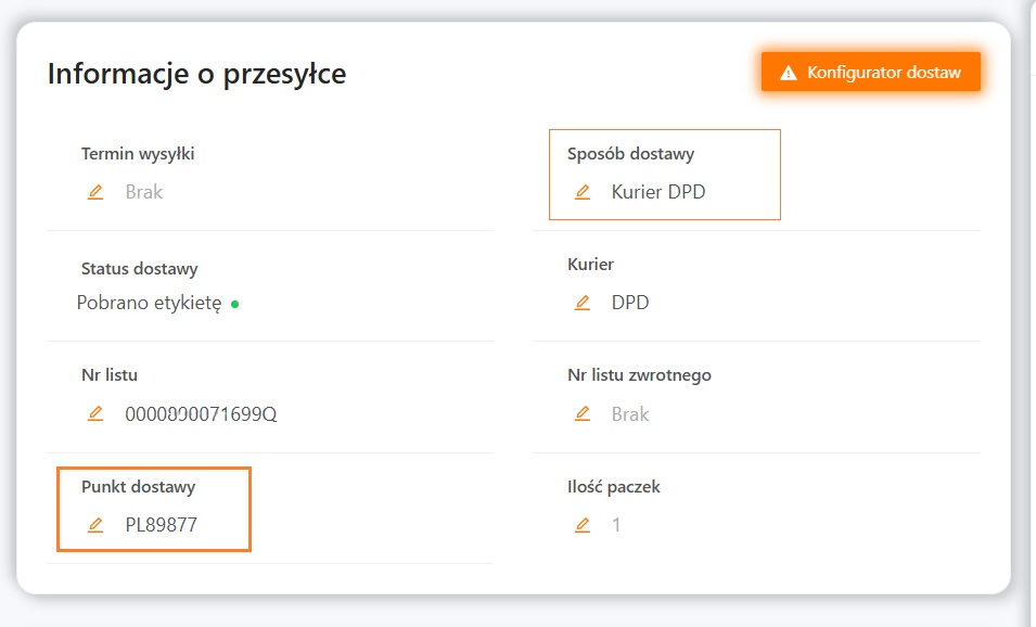 Punkt dostawy i sposób dostawy Kurier DPD w sekcji Informacje o przesyłce na zamówieniu