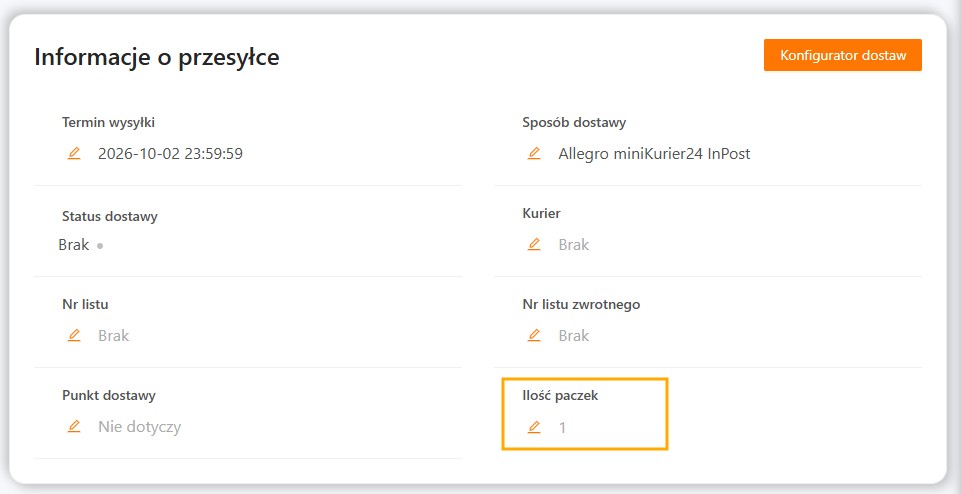Pole Ilość paczek w sekcji Informacje o przesyłce na zamówieniu w xSale V2