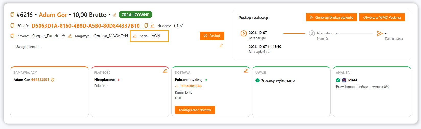 Pole Seria z ikoną ołówka w nagłówku zamówienia w panelu V2 xSale