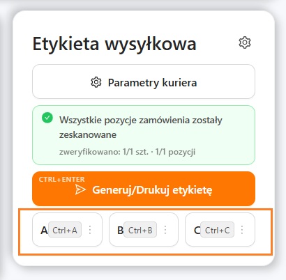 Przyciski zapisanych presetów A, B i C w sekcji Etykieta wysyłkowa