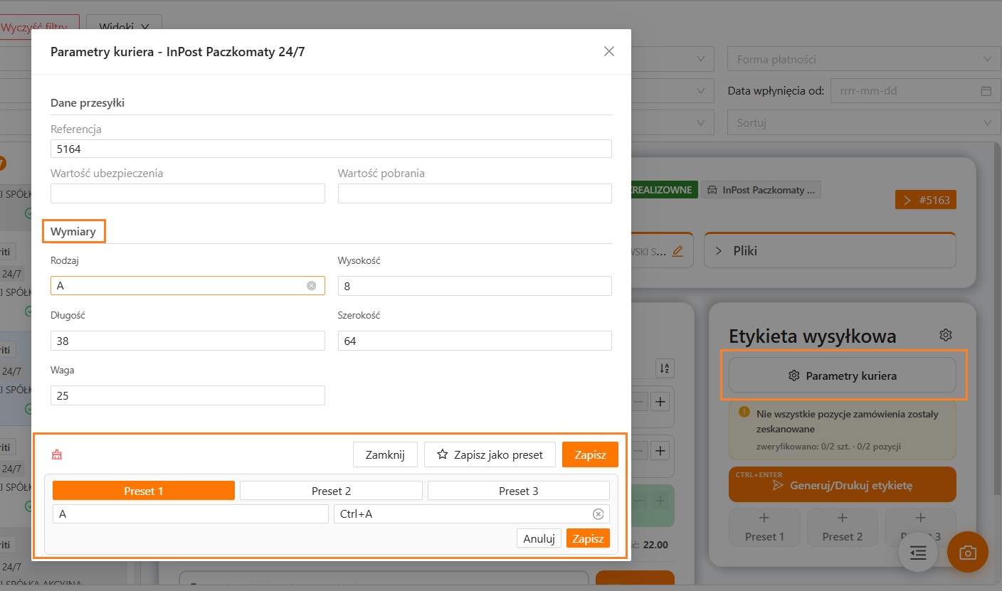 Parametry kuriera InPost Paczkomaty i zapis presetu A w WMS Packing