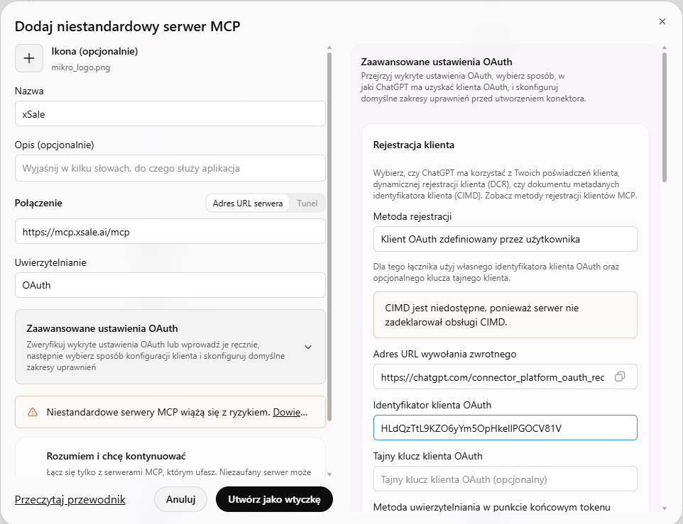 Dodawanie xSale w ChatGPT: adres serwera MCP, OAuth i identyfikator klienta