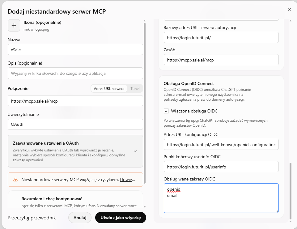 Ustawienia OpenID Connect w ChatGPT: adres konfiguracji, userinfo oraz zakresy openid i email